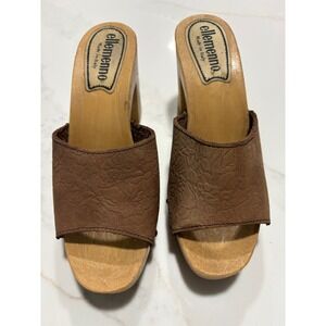 ellemmo Made in Italy Wooden Platform Clogs Brown Leather Heels Y2K Size 7M